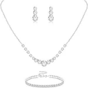 여성용 소울 실버 도금 주얼리 세트 라인스톤 크리스탈 목걸이 드롭 귀걸이 링크 뱅글 팔찌 신부 결혼식