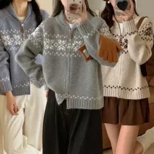 여성 노르딕 패턴 니트 집업 도톰한 가디건 니트집업 눈꽃 노르딕집업 겨울 여자 여성도톰
