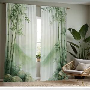 선(禪) 대나무 커튼 2개 수채화 그린 안개가 자욱한 산, 거실과 침실 장식을 위한 평온한 자연 풍경