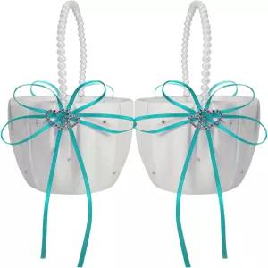 웨딩 플라워 걸 바구니 2개 귀여운 진주 손잡이 보크노트가 있는 더블 하트 보관 파란색