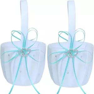 2PC 웨딩 플라워 걸 바구니 하트 버클이 달린 흰색 새틴 보관 결혼식용 리본 걸이 파란색