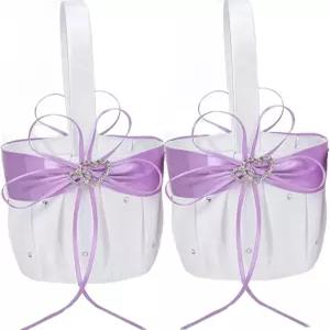 2PCS 웨딩 플라워 걸 바구니 약혼식 파티 장식용 더블 하트 라인스톤 공예가 포함된 화이트 새틴 보관