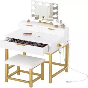 할리우드 거울과 조명이 있는 볼루오 골드 메이크업 베니티 데스크 걸스 배니티 세트 서랍이 컴팩트 테이블