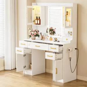 거울과 조명이 있는 NUNU LAB 대형 흰색 화장대 전원 콘센트가 여성 침실 브라운을 위한 3색 조절