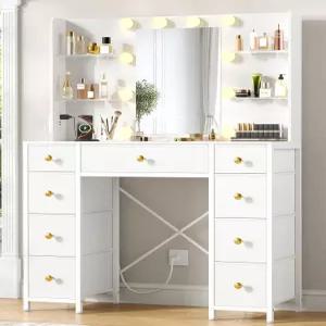 거울과 조명이 있는 Akxomel 베니티 데스크 전원 콘센트가 흰색 메이크업 테이블 13.8인치 D x 37.4인치 W