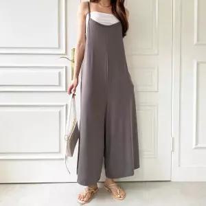 [하프클럽/]여자 루즈핏 와이드 끈나시 포켓 폴리스판 점프수트