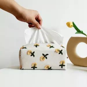 데이지 플라워 린넨 패브릭 각 티슈 커버 케이스