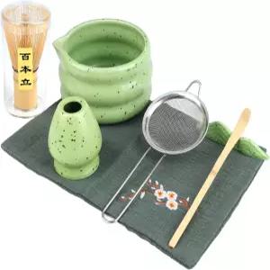 골드미트 7종 일본 말차 세트 의식용 등급 볼 100가지 대나무 거품기 채센 스쿱 체 홀더 천 전통 다도용