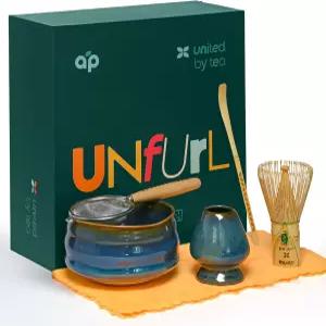 말차 선물 세트 6개 - 세라믹 볼 대나무 거품기 홀더 스쿱 체 및 천 아프리카 말차(파란색)의 전통 일본