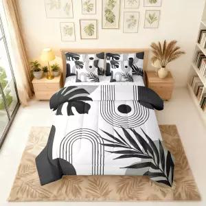 에로스브리달 보호 블랙 화이트 퀸 이불 시트 세트 미드 센추리 추상 열대 야자 잎 7개 침구 모던