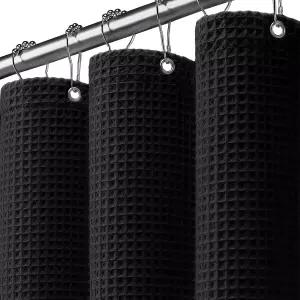 XOGUIBO 스톨 와플 샤워 커튼 좁은 욕실용 블랙 코튼 원단 텍스처 헤비급 세탁 가능 36Wx72L