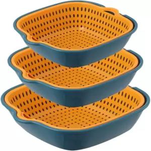 주방 과일 바구니의 야채 세척 다층 적층형 싱크대 거름망 및 채소 소쿠리 세트블루 옐로우