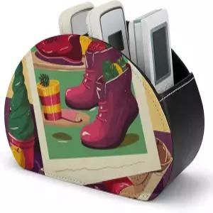 5칸이 있는 SLKMHFT 리모컨 홀더 크리스마스 클립아트 인쇄 PU 가죽 원격 보관함 데스크톱 정리기 미디어