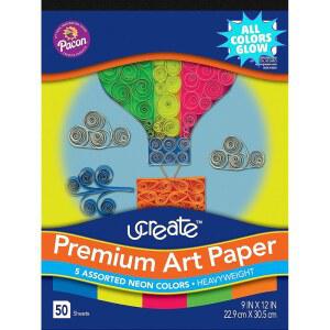 유크리에이트 프리미엄 네온 건설 용지, 5가지 다양한 색상, 9인치 x 12인치, 50장(PCAR95663)