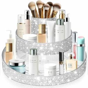 이백스 블링 360 회전 메이크업 정리함 스킨케어 향수 및 립스틱을 위한 반짝이는 레이지 수잔 화장품 보관