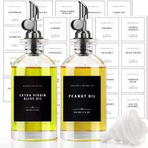 대나무 트레이가 있는 올리브 오일 디스펜서 병 GIXSEGIE 및 식초 세트 금속 붓기 스파우트 커피 시럽