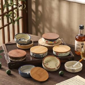 일본 레트로 원형 재떨이 세라믹 덮개 포함 방충 데스크탑 현관 집 꾸미기 수납 장식품