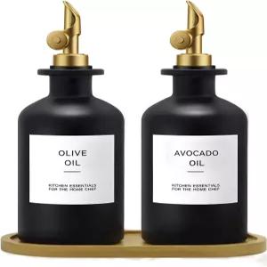 올리브 오일 디스펜서 세트 오토 플립 스푸트가 포함된 11.8온스 블랙 유리병 2개 캡이 달린 스페어 대나무