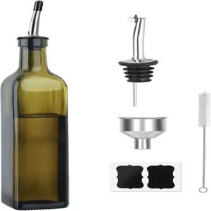 TFPOGOLD 그린 올리브 오일 디스펜서 병 주방용 17온스/500ml 유리 및 식초 세트 스테인리스 스틸 파우치