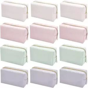 인터웜 12Pcs 4가지 컬러 메이크업 가방 PU 가죽 화장품 파우치 신부 들러리 벌크 지퍼 방수 소형 휴대용
