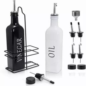 캐디 홀더가 있는 테베리 2팩 오일 및 식초 디스펜서 세트 17온스 블랙 앤 화이트 올리브 병 귀여운 모던