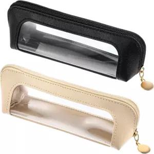 2Pc 클리어 메이크업 브러시 백 가죽 슬림 케이스 지퍼가 달린 휴대용 투명 방수 화장품 파우치 여성