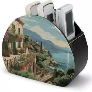 FodPand 지중해 여름 TV 리모컨 홀더 PU 가죽 다기능 미디어 플레이어 보관함 보관 정리함 안경 펜 DVD용