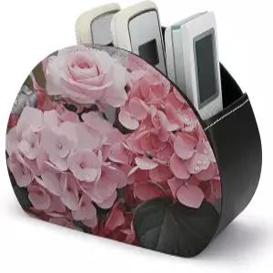 FodPand 핑크 로즈 수국 TV 리모컨 홀더 PU 가죽 다기능 미디어 플레이어 보관함 5개의 안경 펜 DVD 수납