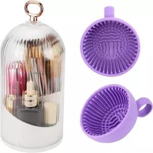 뚜껑이 있는 WHOIQTME 메이크업 브러시 홀더 화장 도구용 360 회전 보관함 화장실 욕실 데스크탑 조리대