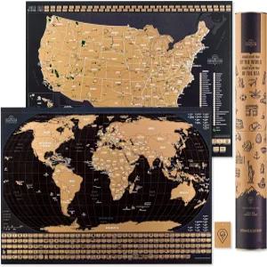 두 개의 스크래치 오프 여행 지도 - 세계 및 미국 국립공원 대형 24x17 품질 라미네이트 포스터 용지 깃발