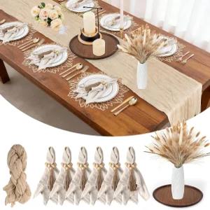 85개 보호 테이블 러너 세트 치즈클로스 둥근 나무 양초 접시 천 냅킨 6개 구슬 링 70개의 말린 팜파스