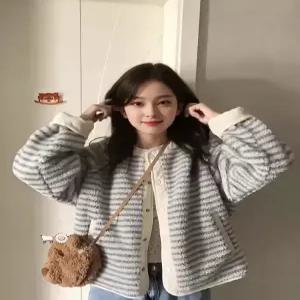 블랙팬서 여사친 빈티지 캐주얼 양면 스트라이프 램스울 코트 라운드 싱글 보온 OPH1