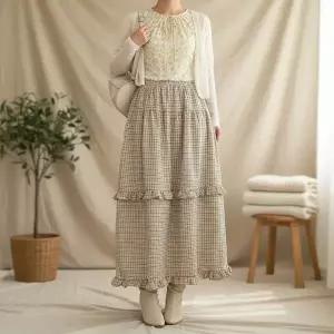 [하프클럽/]여성 로맨틱 데일리 체크 캉캉 프릴 롱스커트