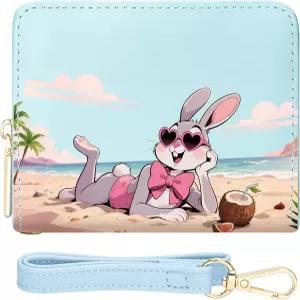 신용카드 소지자 RFID 차단 여성용 소형 토끼 지갑 ID 창이 있는 손목렛 이중폴드 지갑(블루 래빗)