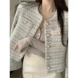 트위드 자켓 여자 린넨 크롭 코트 여성 가죽 청 재킷 여성용 스트라이프 O-넥 싱글 브레스티드 프랑스 빈티