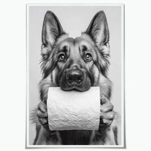 재미있는 욕실 벽 예술 화장지 롤을 들고 있는 독일 셰퍼드 개 트렌디한 흑백 유쾌한 동물 캔버스 포스터 침실 기숙사 호텔 화장실 장식용 12x18인치 액자 없음