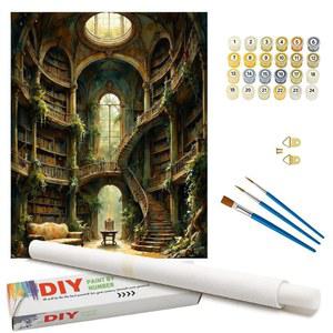 숫자 키트의 데코프라이데이 판타지 페인트 - 나무와 책장이 있는 DIY 마법 도서관 16x20인치 롤 캔버스 페인팅, 초보자를 위한 아크릴 페인트 세트, 홈 데코용 아트