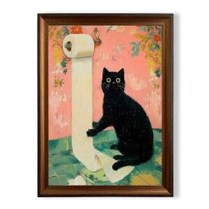 재미있는 고양이 캔버스 월 아트 블랙 고양이 화장지 월 데코 사진 롤 화장지 월 데코 사진 기발한 아트워크 핑크 그린 욕실 포스터 프린트 화장실 홈 데코 12x16인치 액자
