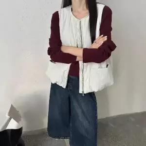 캐주얼 여사친 면 민소매 포켓 집업 다운 조끼 라운드 솔리드 BE1