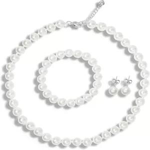 여성 및 소녀용 엘루닉스 진주 목걸이 세트 8mm 유리 인조 팔찌 스터드 귀걸이 포함 3피스 코스튬 주얼리