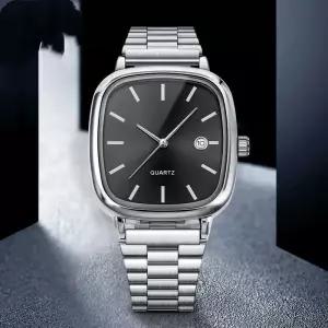 패션 스퀘어 남성용 캘린더 비즈니스 시계 심플 실버 밴드 쿼츠 손목시계 Reloj Hombre 상자 없음