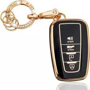 블링 링이 있는 OLLEN TPU 키 포브 커버 도요타에 적합 풀 프로텍션 소프트 케이스 4 버튼 블랙 포함