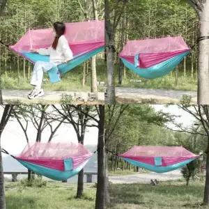 야외 캠핑 모기장 핑크 색상 나무 침대 다용도 휴식