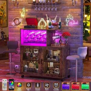 휴대용 와인 바 캐비닛 (LED 조명, 전원 콘센트, 랙, 바퀴 포함), 가정 및 커피 바용 소형 주류 카트