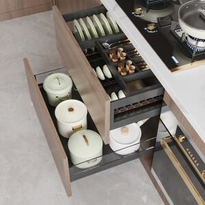 주방 캐비닛 바구니 서랍 유형 3 층 알루미늄 합금 드로잉 접시 랙 댐핑