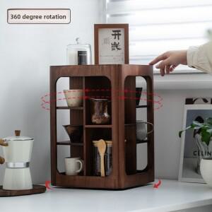 회전 가능한 4단 호두나무 수납 랙 데스크탑 정리대 (컵, 커피 액세서리용) 원목 스탠드 가정용