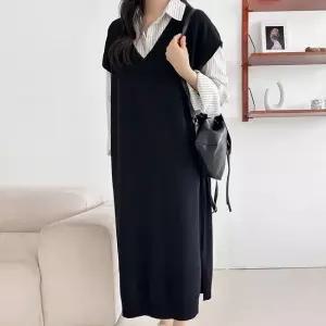 여성 레이어드 양트임 루즈핏 브이넥 니트조끼 롱드레스