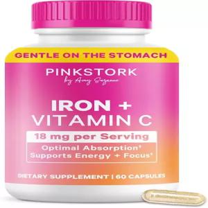 여성용 핑크 황철 - 최적의 흡수를 위한 18mg 비섭취 철분 비스글리신산 + 비타민 C 에너지 초점 및 산소