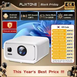 빔프로젝터 플릭스톤 4000 안시 풀 HD 프로젝터 4K D10S 3G 128G 빔 홈시어터 비디오 안드로이드 15 스마트