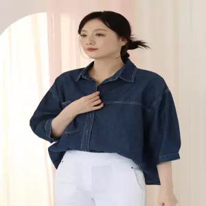 [웬디즈갤러리]7부 볼륨소매 데님 셔츠 루즈핏 군살커버 봄 여름 VSH103